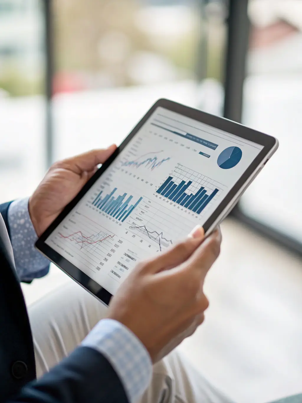 A consultant reviewing business performance data with a focused expression, highlighting the analytical approach to business strategy optimization.
